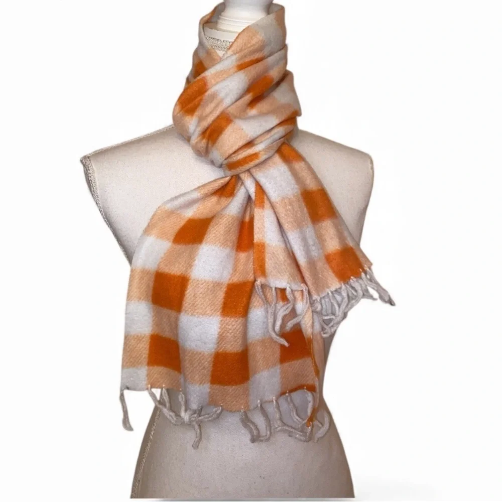 WINTER SCARF in Orange & White Plaid w/Wool Like Material for Men or Women